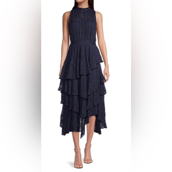 Ted Baker London Navy Blue Floryah Tiered Embroidered Midi Dress Size US2/4 EUC - Picture 1 of 7